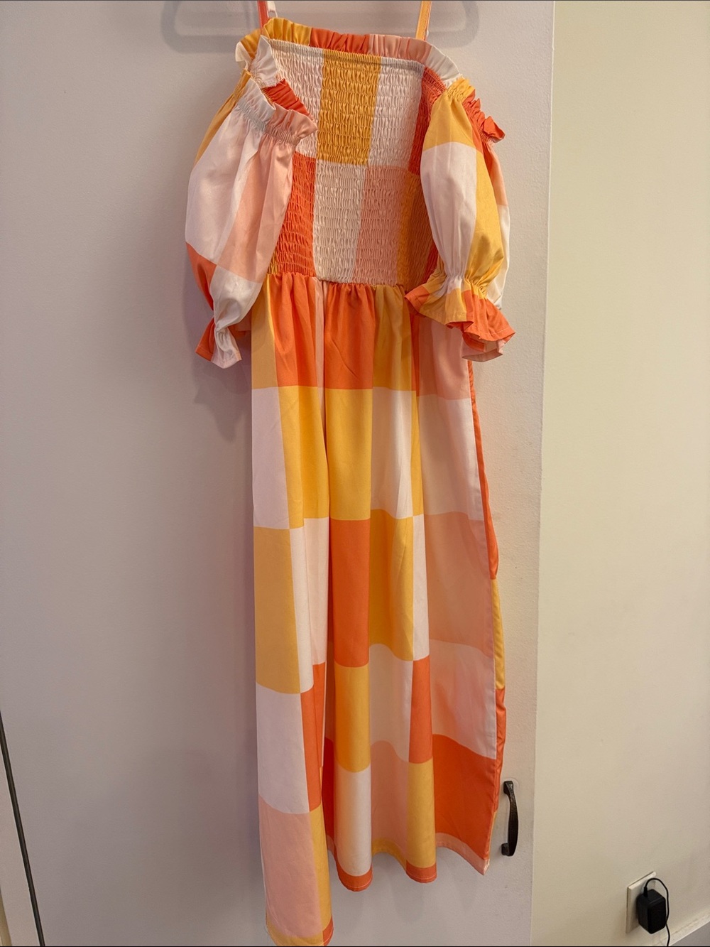 SHEIN Orange, Yellow & White Check Smocked Cold-Shoulder Dress
